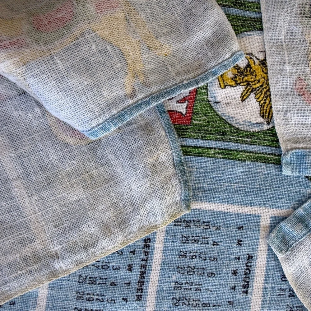 Vintage 1975 Calendar Linen Tea Towel Blue Yellow Inn Signs Wall Hanging